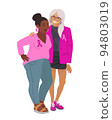Two women diffrent nationalities. Vector illustration of breast cancer. Breast Cancer Awareness October. Silk ribbons and friendship 94803019