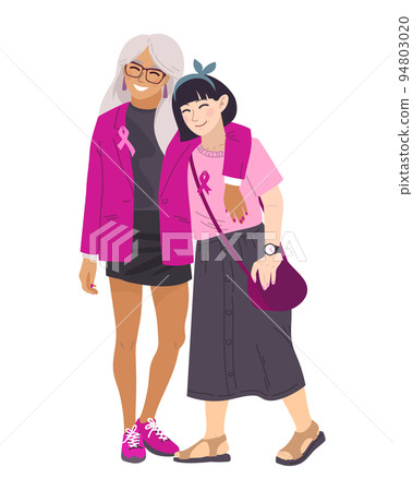 Two women diffrent nationalities. Vector illustration of breast cancer. Breast Cancer Awareness October. Silk ribbons and friendship Two women diffrent nationalities. Vector illustration of breast cancer. Breast Cancer Awareness October. Silk ribbons and friendship 94803020