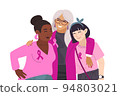 Three women diffrent nationalities. Vector illustration of breast cancer. Breast Cancer Awareness October. Silk ribbons and friendship 94803021