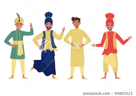 Indian Man Character in National Dress and Turban Waving Hand and Standing Vector Set 94803521