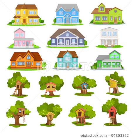 House Exterior Front Building and Wooden Tree House with Ladder Big Vector Set 94803522