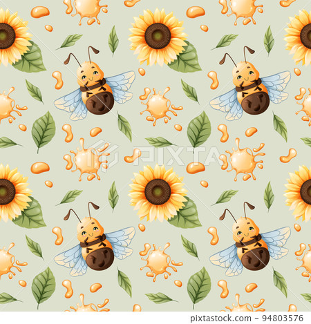 Vector seamless pattern with cartoon bees, honey, sunflowers on a green background. Great for textiles, wallpapers, backgrounds. 94803576