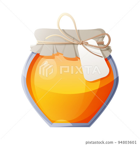 Honey jar on isolated background. Beautiful decoration of honey packaging with a rope with a label 94803601