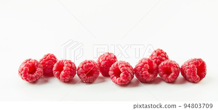 Raspberries on white background, long wide banner Raspberries on white background, long wide banner 94803709