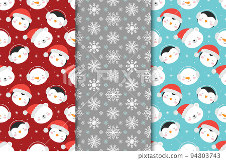 Set of Christmas seamless patterns with snowmen, penguins and snowflakes. 94803743