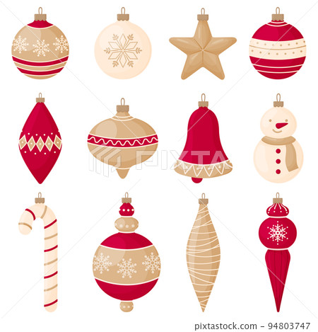 Set of red and gold Christmas tree decorations... - Stock Illustration ...