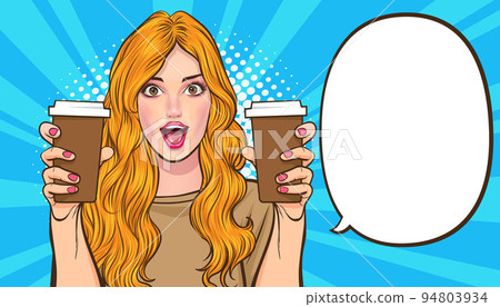 surprised Beautiful young woman show drink beverage coffee 32 surprised Beautiful young woman show drink beverage coffee 32 94803934