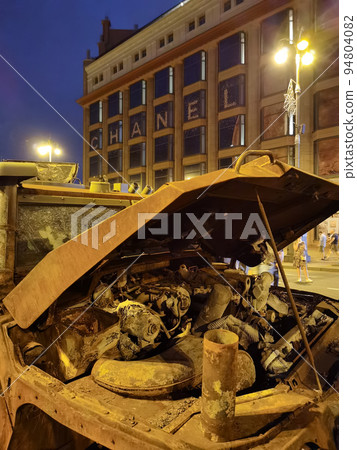 Kyiv, Ukraine - August 24, 2022: Exhibition of destroyed Russian military equipment on Independence Square 94804082