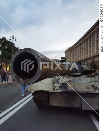 Kyiv, Ukraine - August 24, 2022: Exhibition of destroyed Russian military equipment on Independence Square 94804089