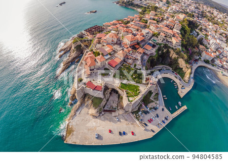 Amazing view on Ulcinj town in Montenegro. Clock Tower of Ulcinj Sahat Kulla. Lami Mosque. Ulcinj is a popular tourist destination in the summer on the southern Adriatic coast of Montenegro. Ulqin Amazing view on Ulcinj town in Montenegro. Clock Tower of Ulcinj Sahat Kulla. Lami Mosque. Ulcinj is a popular tourist destination in the summer on the southern Adriatic coast of Montenegro. Ulqin 94804585
