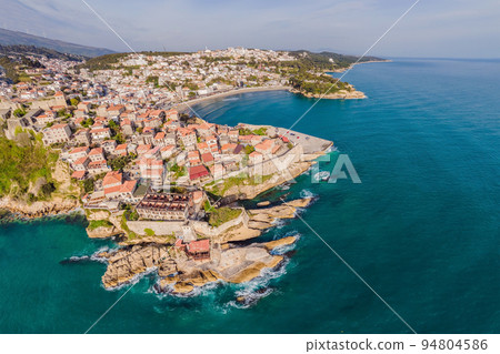 Amazing view on Ulcinj town in Montenegro. Clock Tower of Ulcinj Sahat Kulla. Lami Mosque. Ulcinj is a popular tourist destination in the summer on the southern Adriatic coast of Montenegro. Ulqin Amazing view on Ulcinj town in Montenegro. Clock Tower of Ulcinj Sahat Kulla. Lami Mosque. Ulcinj is a popular tourist destination in the summer on the southern Adriatic coast of Montenegro. Ulqin 94804586