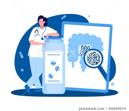 A female medical worker. Gastroenterologist with a tablet. The concept of medicine and health. Vector illustration in a flat style on a blue background 94804634