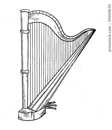 Harp musical instrument style hand drawn. Vector black and white doodle illustration 94804636