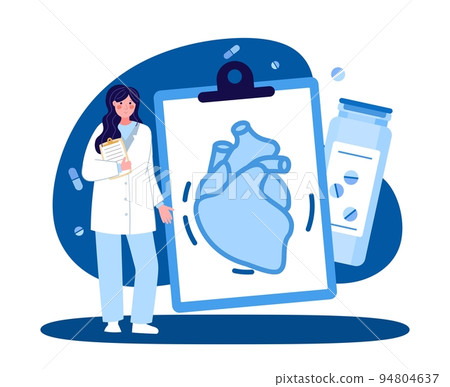 A female medical worker. Cardiologist with a tablet. The concept of medicine and health. Vector illustration in a flat style on a blue background 94804637