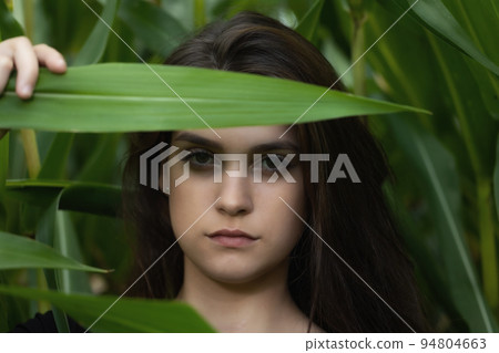 Brunette young woman is hiding by green leave. 94804663