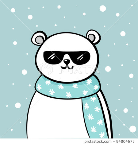 Cool polar bear in sunglasses. New year kids card with a cute white bear and snow in doodle Cool polar bear in sunglasses. New year kids card with a cute white bear and snow in doodle 94804675