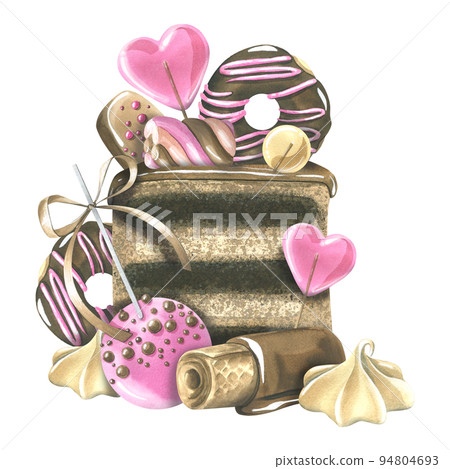 Chocolate cakes, donuts, waffles and yummy pink icing and heart-shaped lollipops. Watercolor illustration. A composition from a large set of SWEETS. For the design and design of menus, cafes. Chocolate cakes, donuts, waffles and yummy pink icing and heart-shaped lollipops. Watercolor illustration. A composition from a large set of SWEETS. For the design and design of menus, cafes. 94804693
