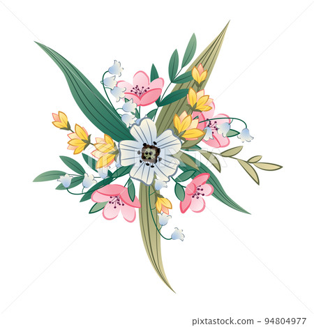Bouquet of wild flowers on an isolated background. Cartoon illustration of flower arrangement in flat style. Suitable for stickers, posters, postcards, etc. Bouquet of wild flowers on an isolated background. Cartoon illustration of flower arrangement in flat style. Suitable for stickers, posters, postcards, etc. 94804977