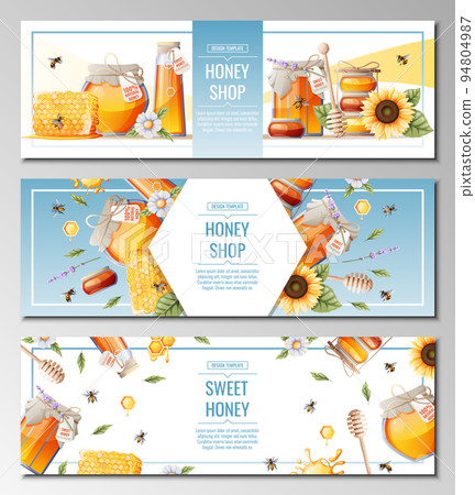Set of banner templates with honey products. Honey shop.Illustration of a jar of honey, honeycombs, bees, flowers. Design for label, flyer, poster, advertising. 94804987