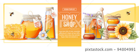 Banner template with honey products. Honey shop.Illustration of a jar of honey, honeycombs, bees, flowers. Design for label, flyer, poster, advertising. 94804991