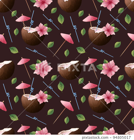 Seamless pattern with pink hibiscus flowers, cocktail in coconut on a dark background. Beach tropical texture for clothes, fabric, wallpaper, paper, etc Seamless pattern with pink hibiscus flowers, cocktail in coconut on a dark background. Beach tropical texture for clothes, fabric, wallpaper, paper, etc 94805017