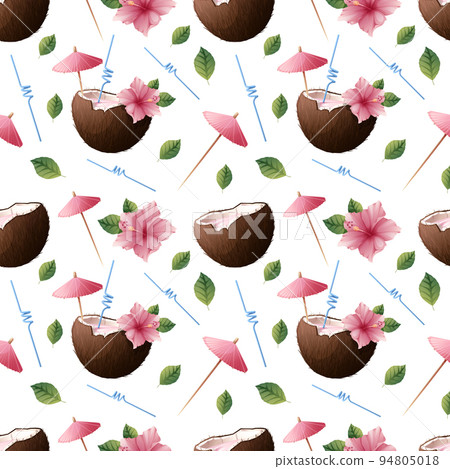 Seamless pattern with pink hibiscus flowers, cocktail in coconut on a light background. Beach tropical texture for clothes, fabric, wallpaper, paper, etc Seamless pattern with pink hibiscus flowers, cocktail in coconut on a light background. Beach tropical texture for clothes, fabric, wallpaper, paper, etc 94805018