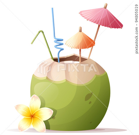 Delicious cocktail in coconut. Umbrella, tubule, plumeria, coconut. summer beach illustration for stickers Delicious cocktail in coconut. Umbrella, tubule, plumeria, coconut. summer beach illustration for stickers 94805019
