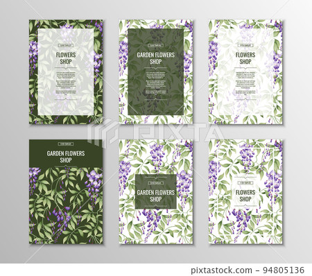 Set of flyer templates for poster, invitations with purple wisteria. A4 size background. Set of flyer templates for poster, invitations with purple wisteria. A4 size background. 94805136