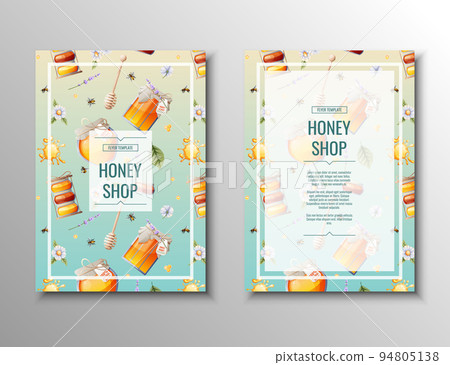 Flyer template with honey products. Honey shop, healthy natural product.Banner, poster, a4 cover for advertising Flyer template with honey products. Honey shop, healthy natural product.Banner, poster, a4 cover for advertising 94805138