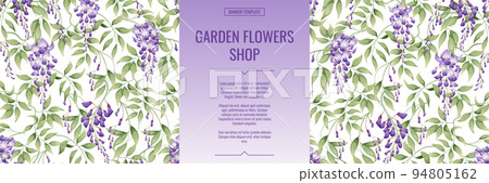 Banner with purple wisteria. Shop for flowers and garden plants. Poster,template, cover, web banner for product advertising. Banner with purple wisteria. Shop for flowers and garden plants. Poster,template, cover, web banner for product advertising. 94805162