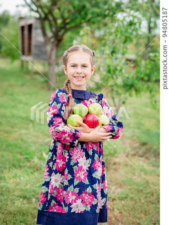 Lovely girl with apples in the hands in the garden . Lovely girl with apples in the hands in the garden . 94805187