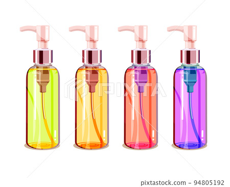 Set of colorful cosmetic glass bottles with doser isolated on white background. Flat cartoon vector illustration for poster, web design, banner, card, flyer, icon, logo or badge. Set of colorful cosmetic glass bottles with doser isolated on white background. Flat cartoon vector illustration for poster, web design, banner, card, flyer, icon, logo or badge. 94805192
