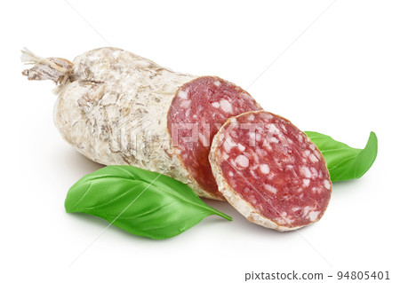 Cured salami sausage isolated on white background. Italian cuisine with full depth of field Cured salami sausage isolated on white background. Italian cuisine with full depth of field 94805401