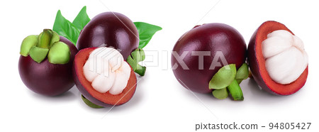 ripe mangosteen with leaf isolated on white background closeup ripe mangosteen with leaf isolated on white background closeup 94805427