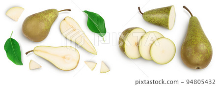 Green conference pear isolated on white background with full depth of field. Top view. Flat lay Green conference pear isolated on white background with full depth of field. Top view. Flat lay 94805432