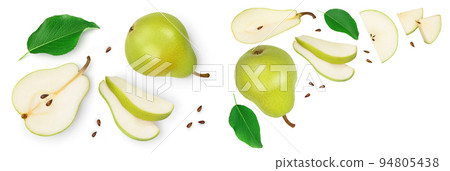 Green pear fruit with half and slices isolated on white background. Top view. Flat lay 94805438