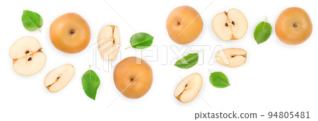 Fresh asian pear with leaves isolated on white background. Top view. Flat lay. Fresh asian pear with leaves isolated on white background. Top view. Flat lay. 94805481