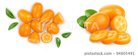 Cumquat or kumquat with half isolated on white background. Top view. Flat lay 94805491