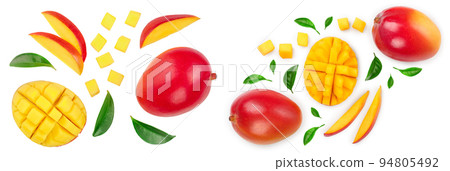 Mango fruit half with slices isolated on white background. Set or collection. Top view. Flat lay Mango fruit half with slices isolated on white background. Set or collection. Top view. Flat lay 94805492