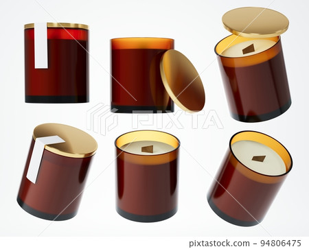 Aroma candle with wooden wick in brown glass jar with gold lid 3D render, branding and design ready commercial mockup with copy space Aroma candle with wooden wick in brown glass jar with gold lid 3D render, branding and design ready commercial mockup with copy space 94806475