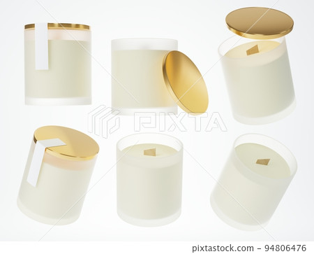 Aroma candle with wooden wick in white ceramic jar with yellow gold lid 3D render, branding and design ready commercial mockup with copy space Aroma candle with wooden wick in white ceramic jar with yellow gold lid 3D render, branding and design ready commercial mockup with copy space 94806476