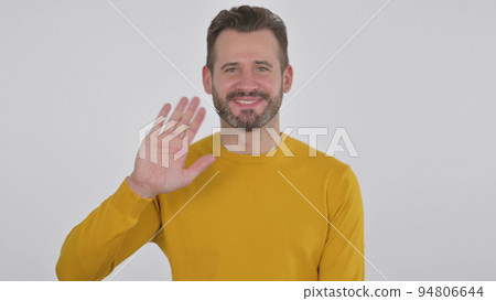 Middle Aged Man Waving, Welcoming, White Background 94806644