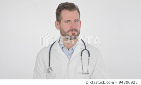 Middle Aged Doctor Showing No Sign by Head Shake, White Background 94806923