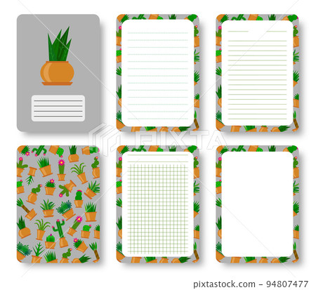 Cactus notebook cover and lined pages set. Succulent in pot pattern with copy space gridded sheet template for annual notepad brochure copybook diary. Green houseplant planner booklet journal print Cactus notebook cover and lined pages set. Succulent in pot pattern with copy space gridded sheet template for annual notepad brochure copybook diary. Green houseplant planner booklet journal print 94807477