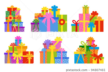 Gift box pile colorful wrapped set. Beautiful christmas ornament present stack sign isolated on white. Cartoon xmas surprise symbol. Happy Birthday giftbox. Party celebration decoration element 94807481