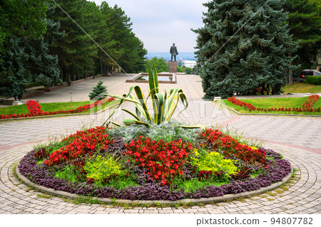 Landscape design in Pyatigorsk, Russia. Beautiful scenery of cascade stairway with flowers 94807782