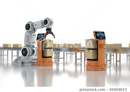 Automation factory concept with robot arm work with warehouse robot Automation factory concept with robot arm work with warehouse robot 94808653