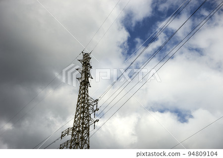 High-voltage wire, mountain, forest, steel tower, high, sunny, suburbs, countryside, electricity, clouds 94809104
