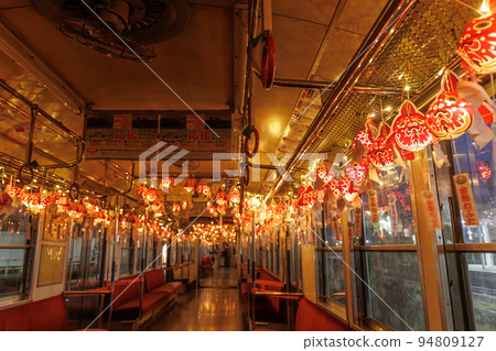 Konan Railway Owani Line Goldfish Neputa Train (Aomori Prefecture) Inside the car at sunset 94809127