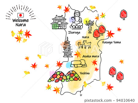 Simple line drawing illustration map of tourist spots in Nara Prefecture in autumn 94810640